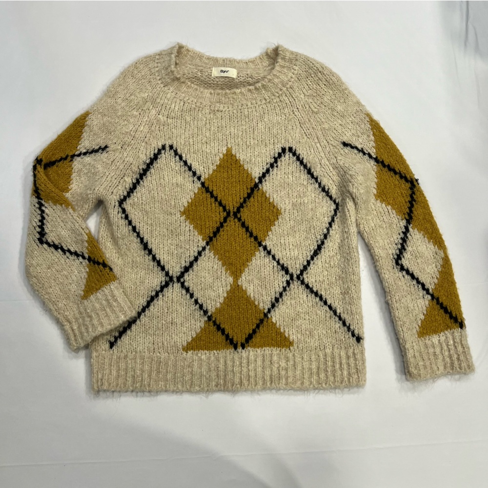 BYU Argyle Mohair Blend Sweater Medium Oversized Cream Must Cozy Knit Pullover